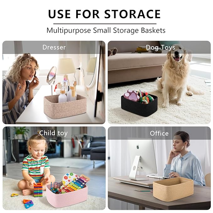 4 Pack Small Storage Shelf Baskets for Organizing, Mini Woven Rope Storage Bins for Towels, Cute Decorative Closet Organizer，Baby Nursery, Gift Empty Baskets -11.81''Lx7.87''Wx4.72''H-Jute