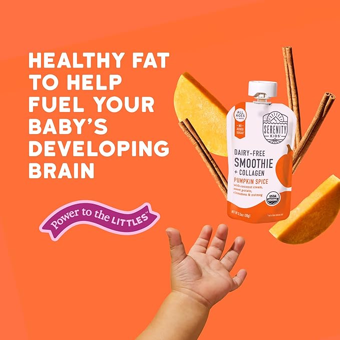 Serenity Kids 6+ Months Dairy-Free Smoothie Baby Food - USDA Organic Grass-Fed Collagen & Pumpkin Protein - 3.5 Oz BPA-Free Cans - Pumpkin Smoothie Baby Food - 6 Count