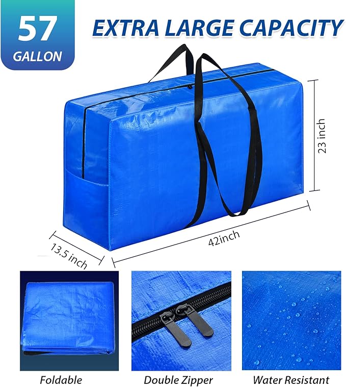 57 Gallon Extra Large Storage Bags, XXL Jumbo Large Moving Bags Heavy Duty, Storage Totes Zippered Moving Boxes Supplies for College, Foldable Duffle Bag for Travel, Christmas Tree Bag, 42x23x13.5inch