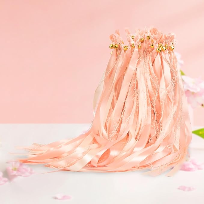 100 Pieces Wedding Ribbon Sticks Wands with Bell, Pink Champagne Ribbon Streamer Silk Fairy Wand for Wedding Send Off Idea, Bridal Shower and Ceremony Exit Event