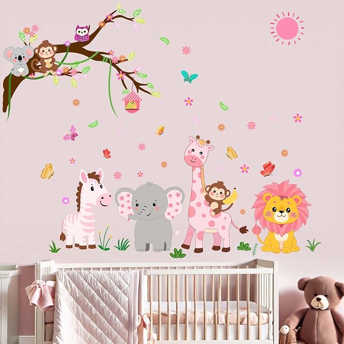 Animals Wall Decals for Girls Kids: Peel and Stick Elephant Giraffe Lion Monkey Wall Stickers - Baby Nursery Boys Room Girls Bedroom - Children Supplies Ages 1-12 Years Wall Decor Art