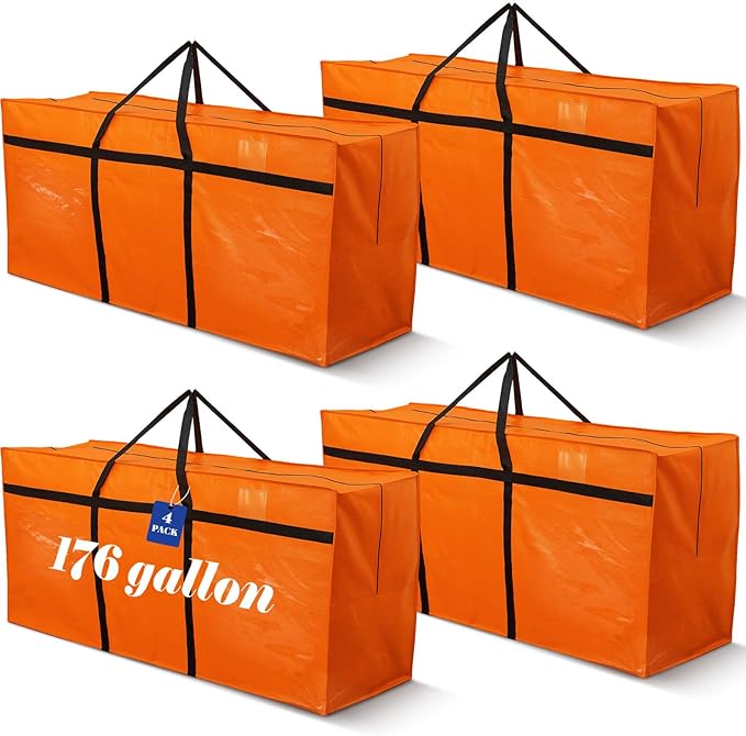 4 Pcs 176 Gallon Large Moving Bags with Zipper and Handles Foldable Storage Duffle Bags Heavy Duty Extra Large Totes for College Dorm Travel Clothes Blankets Bedding Moving (Orange)