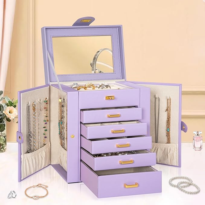 AKOZLIN Jewelry Box Organizer Functional Leather Jewelry Storage Case for Women Girls Ring Necklace Earring Bracelet Holder Organizer with Mirror Purple