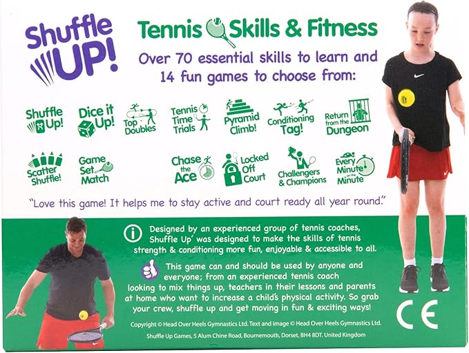 Shuffle Up Tennis Card Games - 70+ Fun & Active Skills Cards for Kids, Fitness Cards Develop Fundamentals, Stamina & Strength, Easy to Play for Kids | Multiple Skill Level Cards Include 2 Dices
