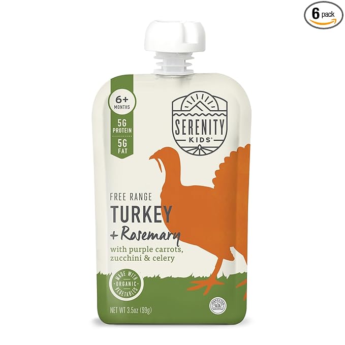 Serenity Kids 6+ Month Baby Food Puree Pouches with Ethically Sourced Meat & Organic Veggies - 3.5 Oz BPA-Free Pouch - Free Range Turkey, Rosemary, Carrot, Zucchini - 6-Pack Turkey Infant Food