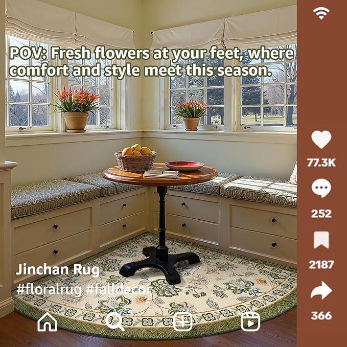 jinchan Floral Corner Rug for Living Room Washable Bedroom Rug Vintage Romance Design Non Slip Quarter Circle Lightweight Low-Pile Throw Carpet for Reading Nook Playroom,7ft Radius, Green/Beige