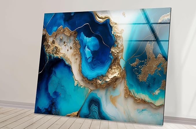 My Photostation.com 28Wx18H'' Blue Alcohol ink Glass Wall ArtTempered Glass Printing Wall Decor Large Wall Art Wall Hangings