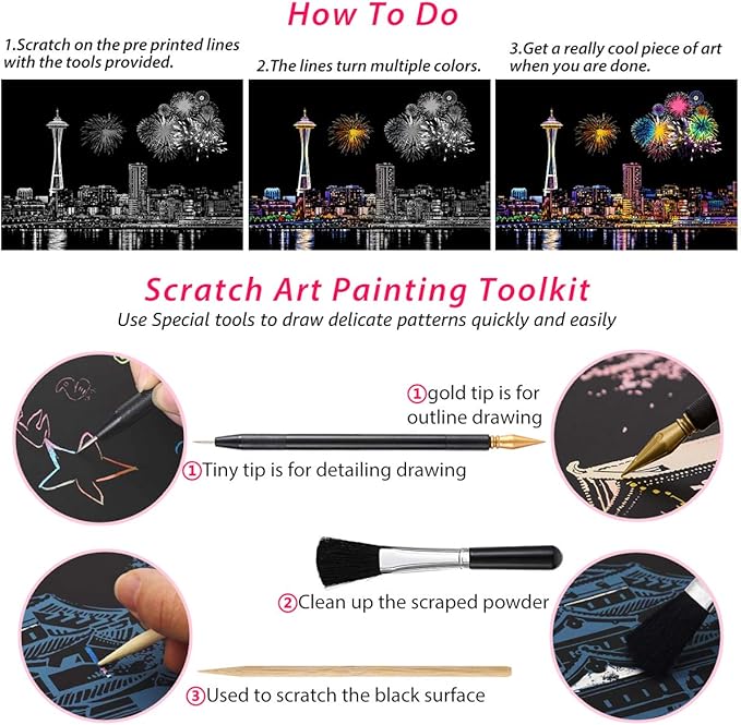 Rainbow Scratch Art Painting Paper (A4) for Adults & Kids, DIY Night View Scratchboard Set: 4 Sheets Scratch Cards & Clean Brush, Drawing Pen(Cinque Terre / Windmill / Ferris Wheel / Hot Air Balloon)