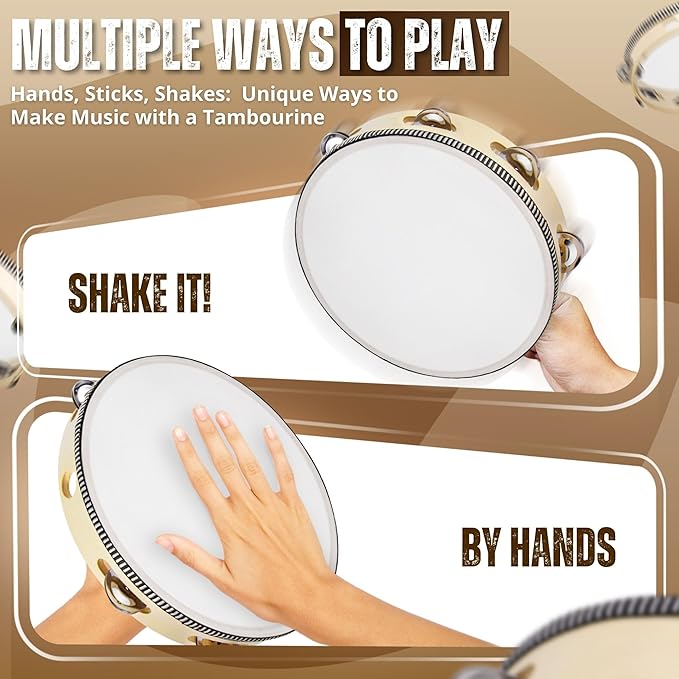 Flexzion Wooden Round Tambourine for Kids and Adults 10" Inch Single Row 8 Pair Jingles, Wood Handheld Percussion Instrument for Beginner and Professional Tambourine Player