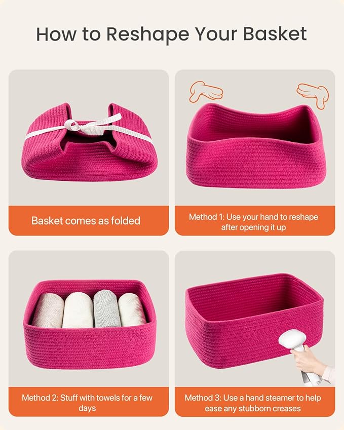 KALLAX Small Woven Basket, 13.5 x 9.5 x 5 Inches, Storage Basket for Organizing, Cute Small Rope Shelf Closet Cube Storage Bins Baskets for Shelves, Dog Toy Gift Baskets Empty, 3 Packs, Hot Pink