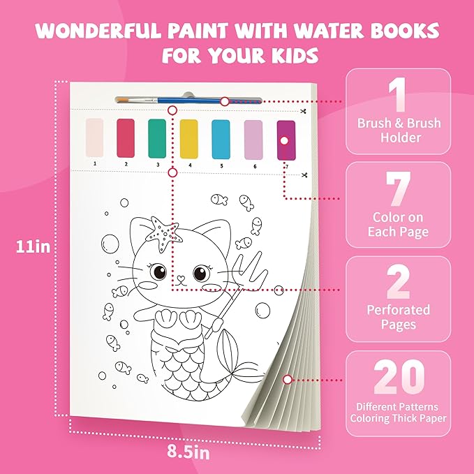 2PCS Paint with Water Books for Kids, Unicorn & Mermaid Watercolor Paint Book Set for Kids,Toddlers Water Color Coloring Painting Drawing Set,Mess Free Toys Gifts for Girls Age 3 4 5 6 7 8