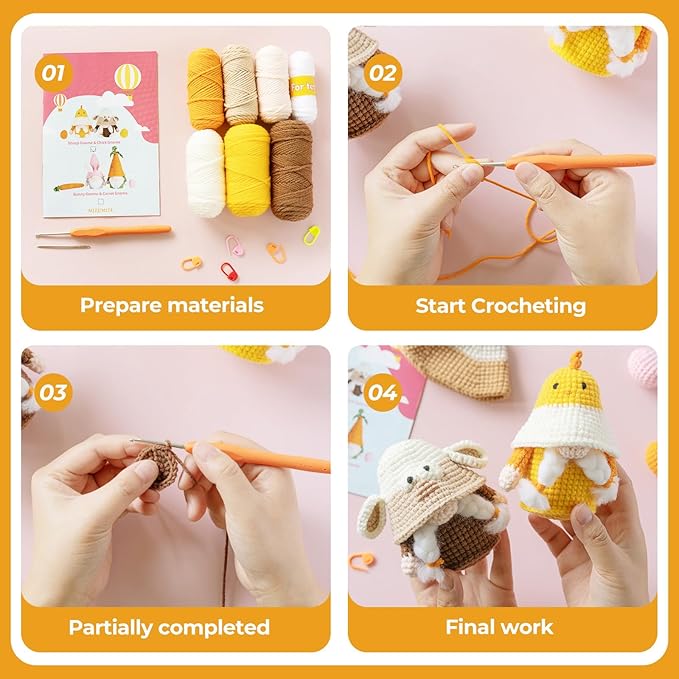 RoseFlower Crochet Kit for Beginners, Crochets Starter Kits with Step-by-Step Video Tutorials, DIY Craft Knitting Crochet Animals Set for Kids Adult - 2 Pack Chicken Sheep