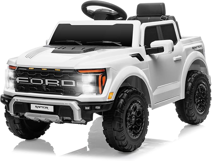12V Ride on Car Licensed Ford F-150 Raptor, Kids Electric Car with Remote Control, LED Light/Music/MP3, Truck Bed Storage, 3-Point Seat Belt (12V, White)