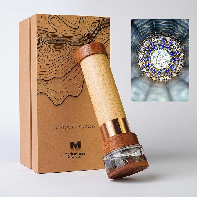 Growth Rings Wooden Kaleidoscope Tunnel Screen Effect,6.5" Handmade Brass Rotatable Oil-Filled Core Box Nature Kaleidoscope Kit,Vintage Gift Box,Anniversary Birthday Gift for Man Woman