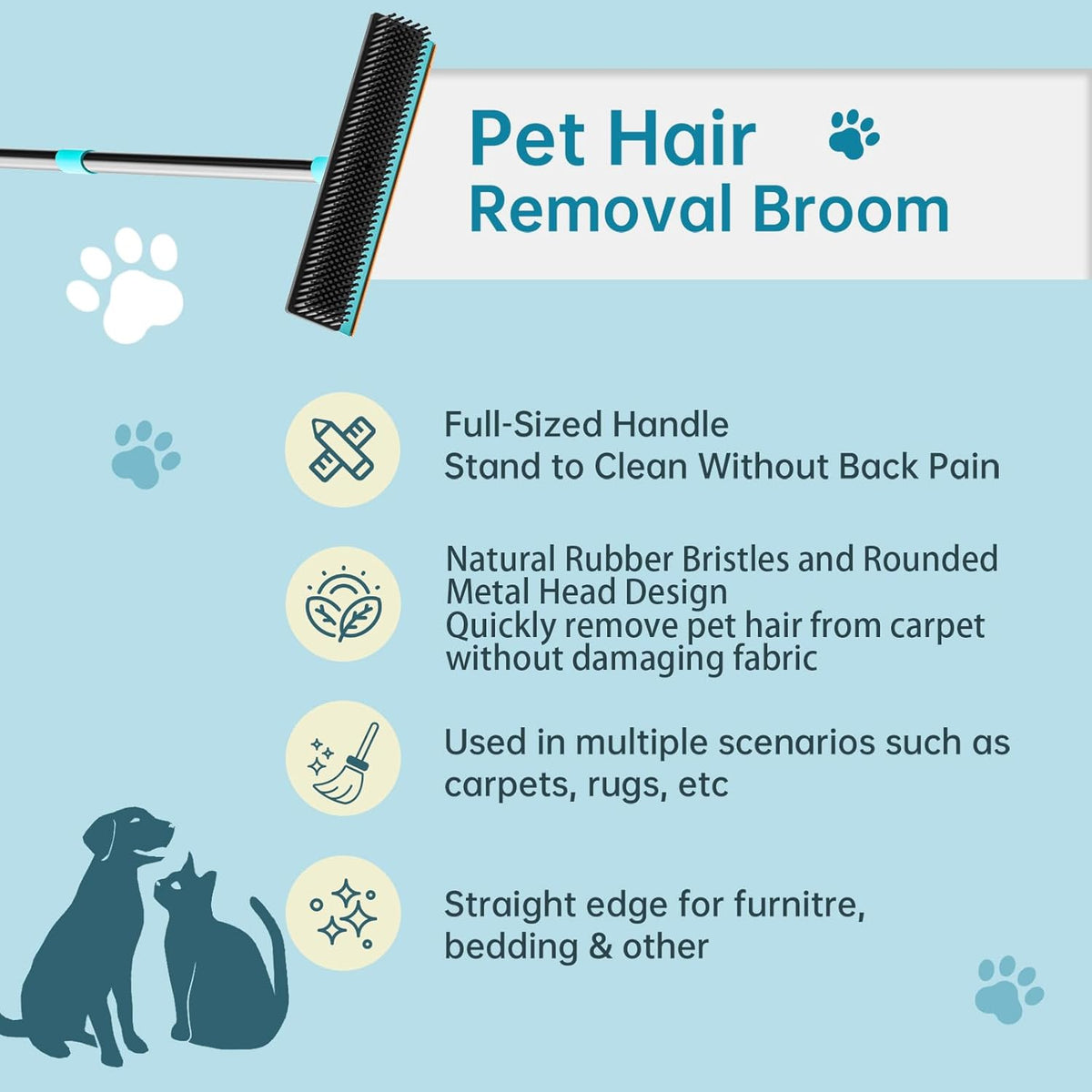 Carpet Rake - 60" Long Handle Pet Hair Removal with Metal Fabric Edge Design,Carpet Broom,Carpet Rake for Carpets, Rugs,Mats,Couch,Stairs(3 pcs)