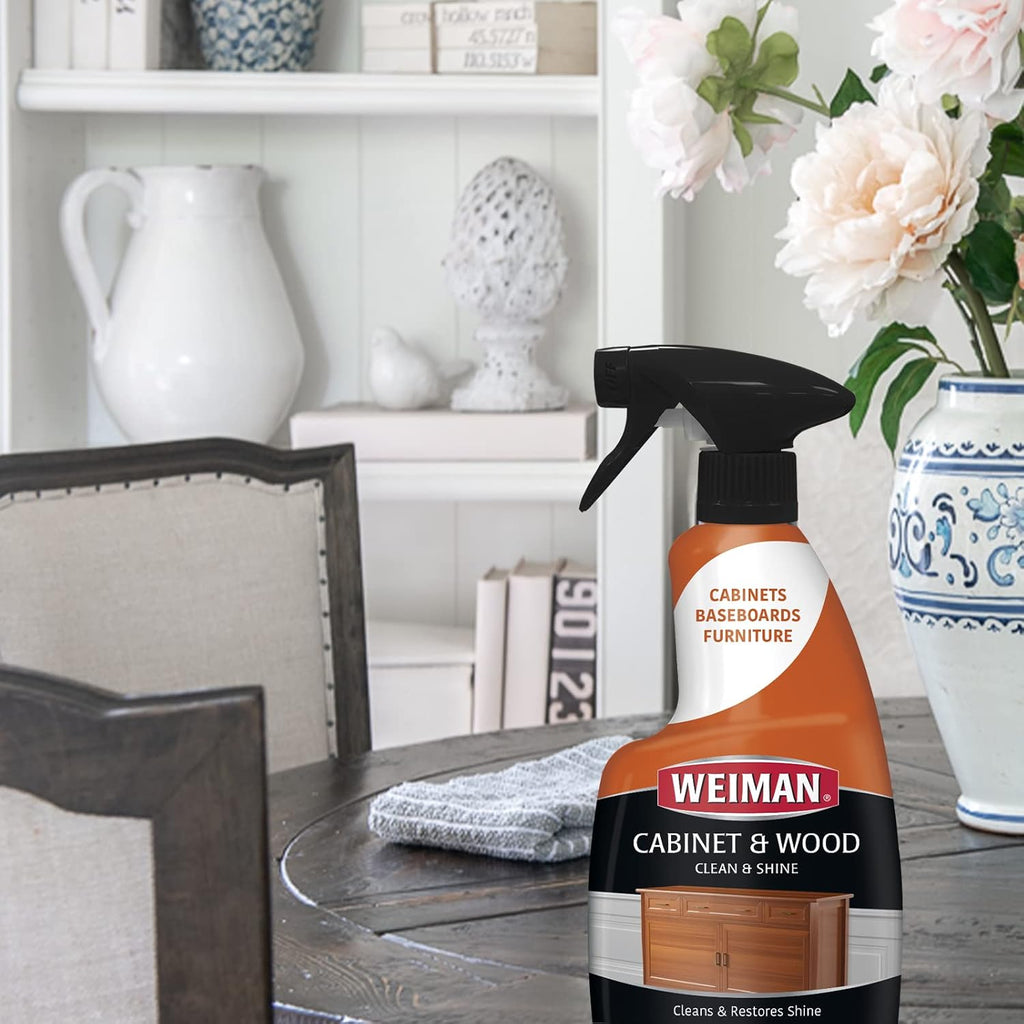 Weiman Cabinet & Wood Clean & Shine Spray - Furniture, Kitchen Cabinets, Baseboard & Trim, Fresh Almond Scent, Microfiber Cloth Included