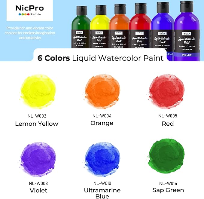 Nicpro 6 Colors Liquid Watercolor Paint Set, 8.45oz Large Bottle Liquid Watercolor Paint, Non-Toxic Water Colors Painting Supplies for Art Activity, Craft DIY, Poster, School, Home, Classroom, Party