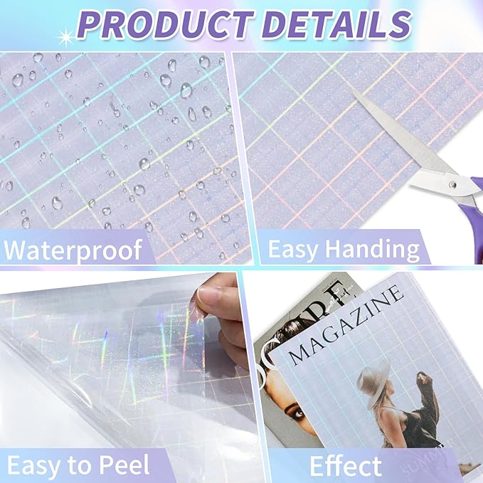 36 Sheets Holographic Sticker Paper,Holographic Laminate Sheets,A4 Size Clear Vinyl Sticker Sheets Self-Adhesive Rainbow Overlay Sheets,11.7 x 8.3 Inches（Grid）