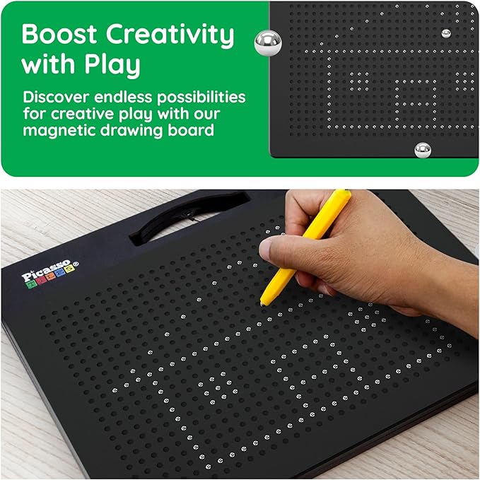 PicassoTiles Magnetic Drawing Board 748 Beads Pad Large 12x10 Inch STEM Writing Toy Reusable Erasable Educational Tablet for Toddlers Kids Age 3 Plus Magnet Learning Tool Brain Development PTB01BLK