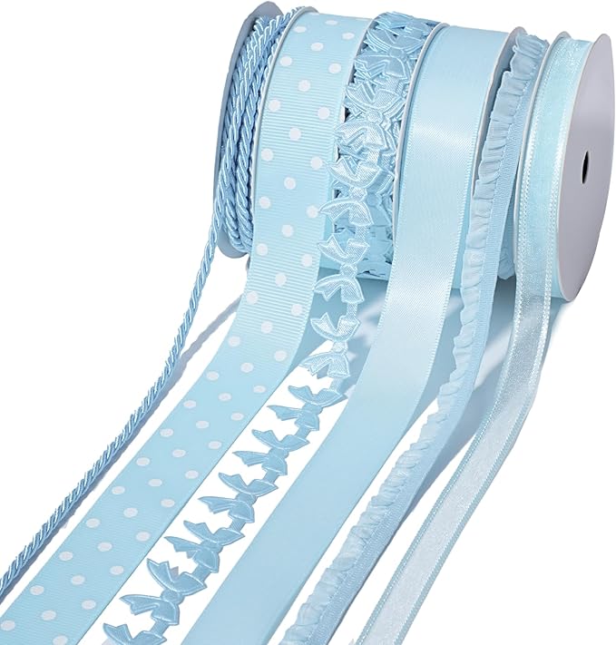 LaRibbons Light Blue Ribbons for Crafts 6 Rolls 28.5 Yards TTL Thin Ribbon for Baby Shower Sewing Gift Wrapping Home Decor