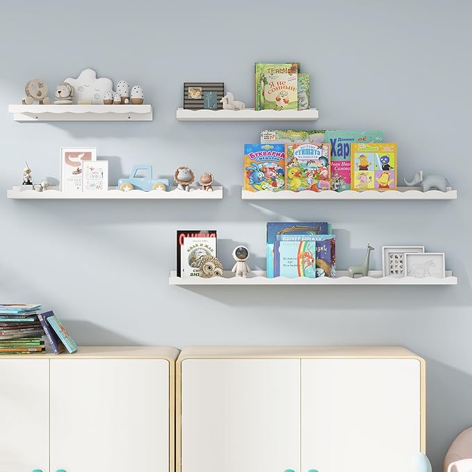 Fun Memories Picture Ledge Shelf for Wall, 48 inch Pine Wood Nursery Book Shelves Set of 2- Wall Book Shelves for Kids Room, Home Decor - Kitchen Spice-White