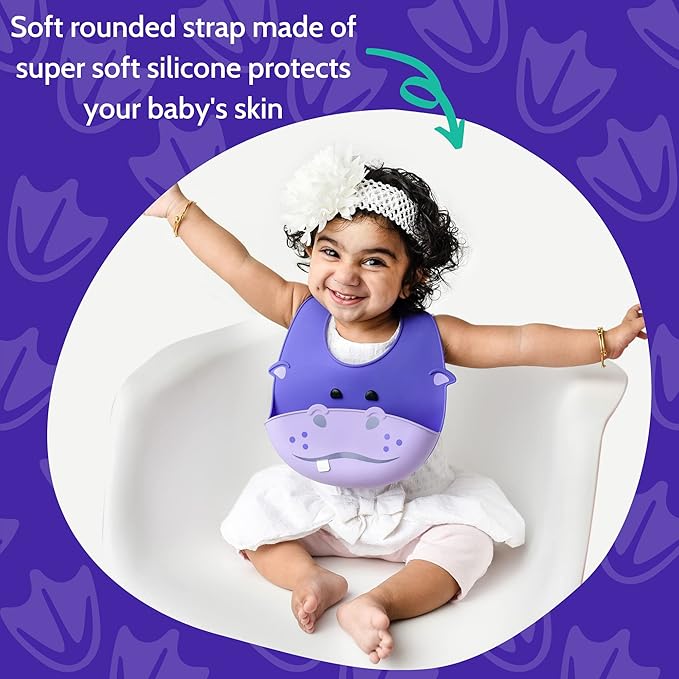 Silly Goose Silicone Animal Baby Bibs for Babies and Toddlers, Waterproof, Adjustable, Soft, Extra Wide Food Catcher Pocket (Baby Hippo)