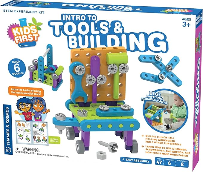 Thames & Kosmos Kids First: Intro to Tools & Building STEM Experiment Kit for Ages 3+ | Build 6 Models, Learn Basic Mechanical Engineering Principles | Make Your Own Workbench with Durable Parts