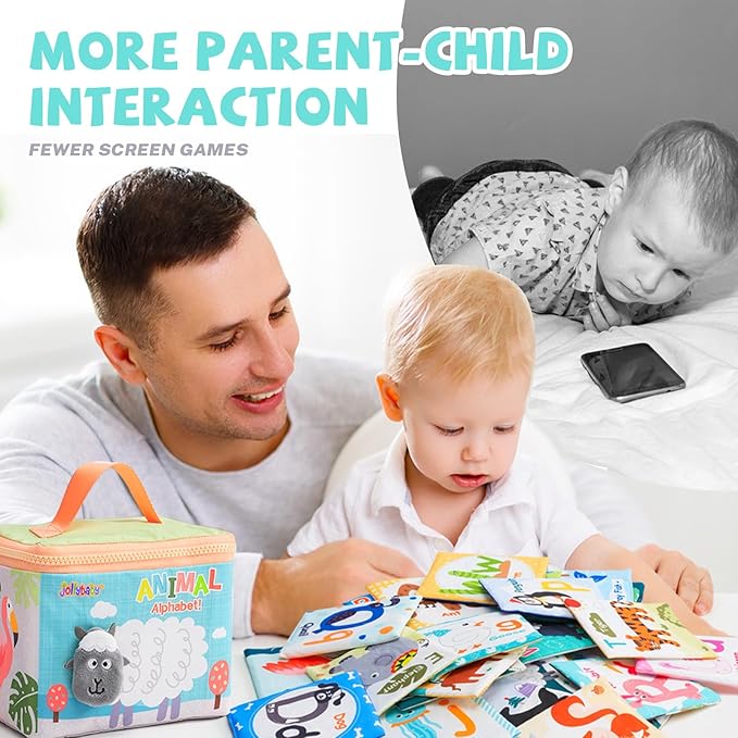 Jollybaby Reusable Soft Cloth ABC Alphabet/Letters Animal Flash Cards for Baby 0-3-6-9-12-18 Month, Curious Baby First Words Learning Activity Flashcards, Tummy Time Toy Gift for 1 Year Old Boy Girl