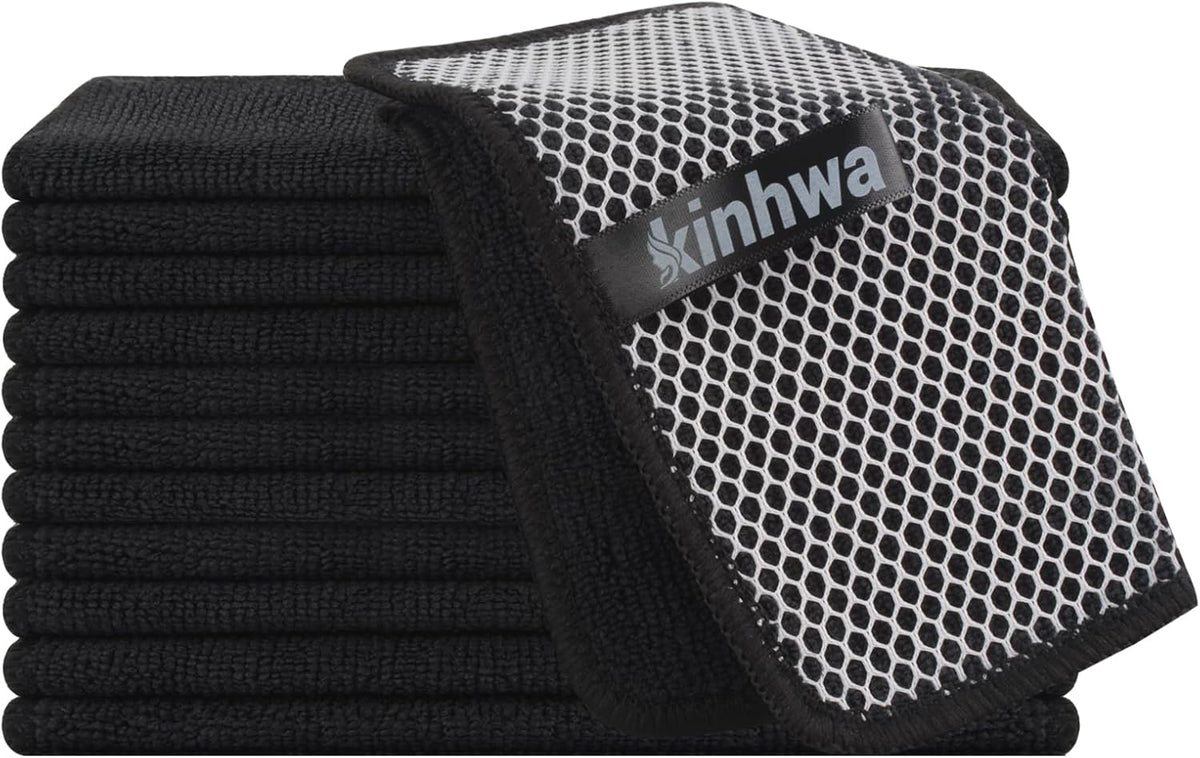 KinHwa Kitchen Washcloths for Dishes Absorbent Microfiber Dish Cloths Quick Dry Dish Rags with Poly Scour Scrub Side Ideal for Kitchen Cleaning (Black, 7inchx7inch 12 Pack)