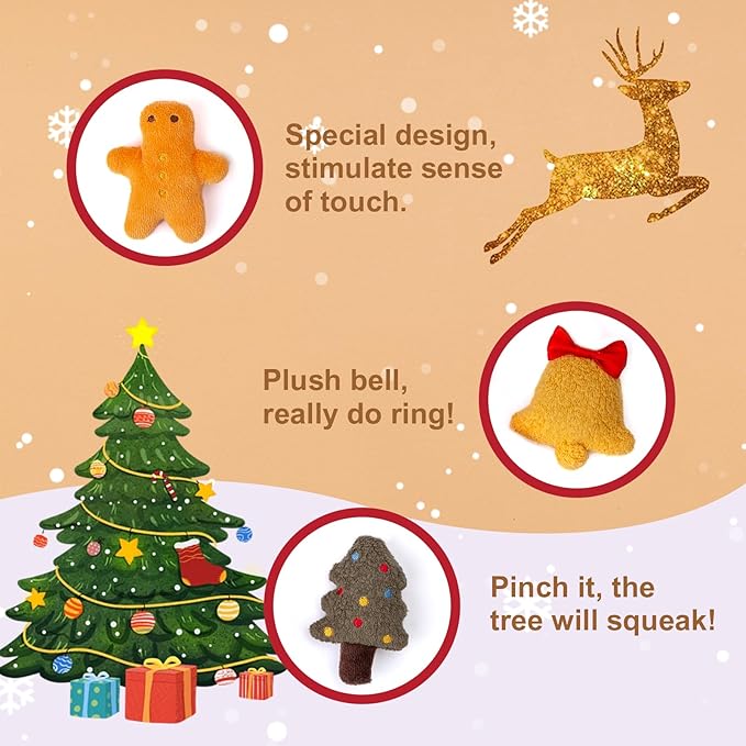 Organic Cotton Stuffed Animal Rattle Baby Toys, Plush Stocking Cuddle Cloth and Hand Grip Christmas Tree Ring Rattles Plush Toy Set for Newborns Infant Boys Girls, 2 PCS