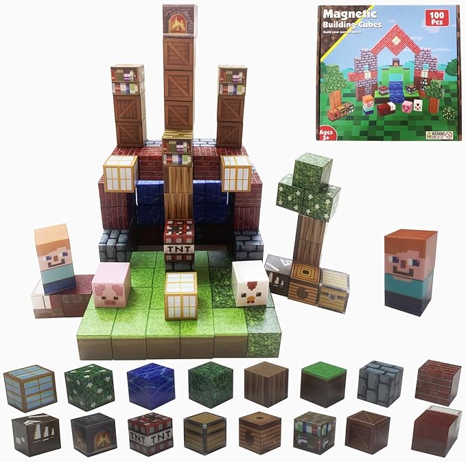 Magnetic Blocks Animals Magnet Cubes 100Pcs Montessori Building Block Sets STEM Sensory Construction Toys for Boys Girls Ages Kids 3-12 Birthday Party Gifts