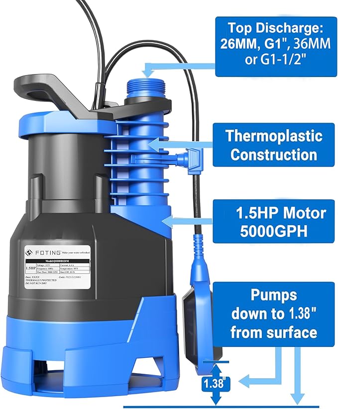 FOTING 1.5HP Sump Pump Automatic & Maunal Mode,with Float Switch, 5000GPH Big Flow Clean & Dirty Submersible Water Pump, 16FT Electric Utility Pump for Pool Draining Hot Tub Garden Basement