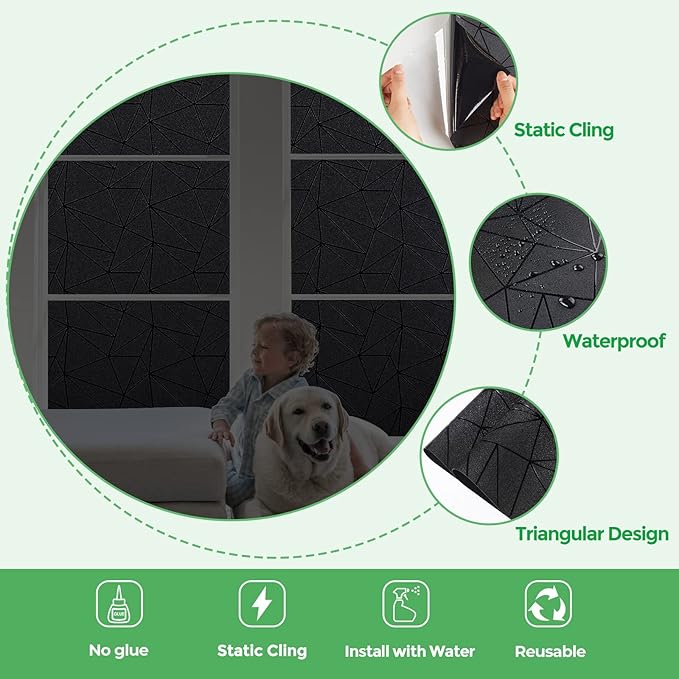 Coavas Blackout Window Privacy Film, Frosted Glass Static Cling, Decorative for Bathroom Door, UV Blocking Window Cling, Non-Adhesive Vinyl Sticker, Day and Night Windows Tint for Home,11.8x78.7 inch