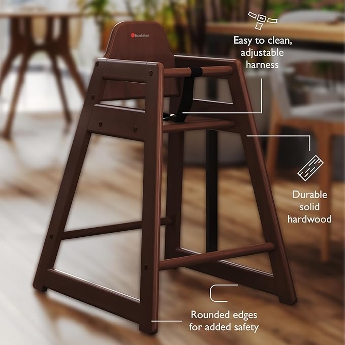 Foundations Neat Seat Wood Highchair for Restaurants, Easy to Clean, “No-tip” Feet, 3-point Safety Harness, Durable Hardwood, Small Footprint, Stackable (Antique Cherry)