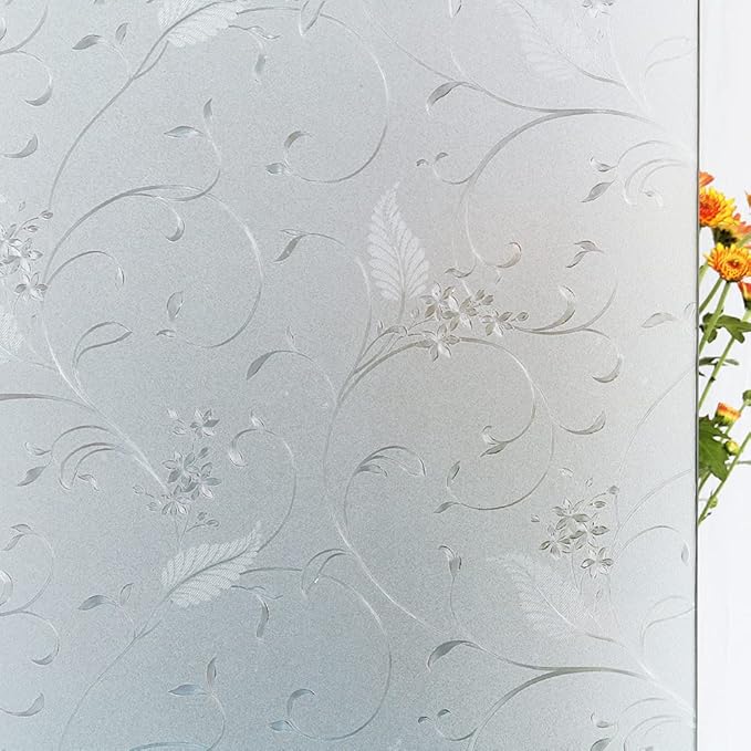 Mikomer Privacy Window Film Etched Flowers Static Cling Glass Door Film, Non Adhesive Heat Control Anti UV Window Cling for Office and Home Decoration,23.6 inches by 118 inches