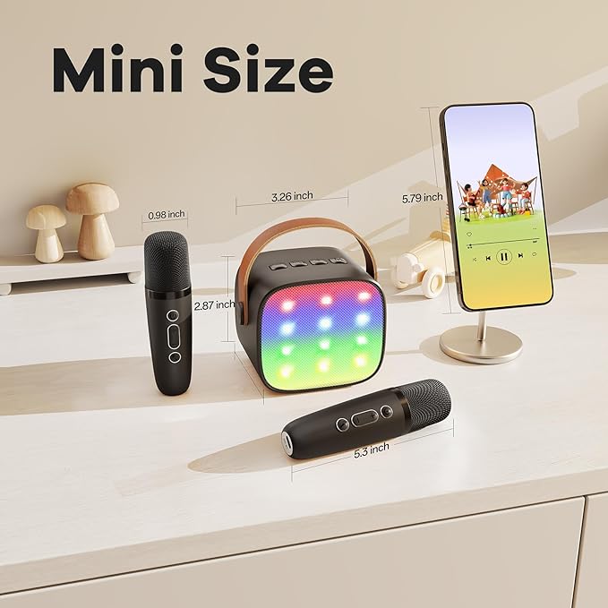 YLL Mini Karaoke Machine with 2 Wireless Microphones for Kids Adults, Portable Bluetooth Speaker, Popular Gift for 3, 4, 5, 6, 7, 8, 9, 10, 11, 12, 13+ Years Old Teens Birthday for Boys Home(Black)