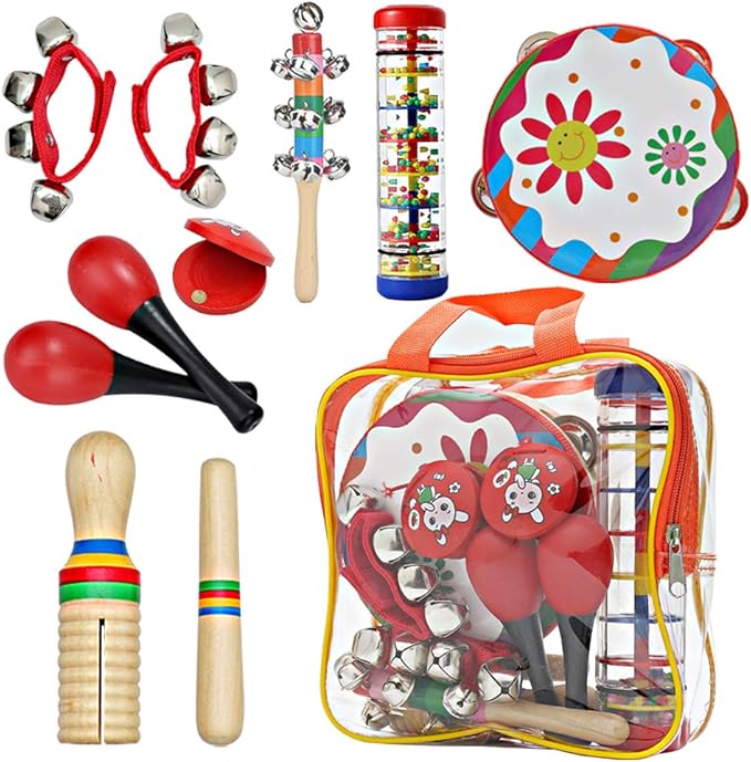 Kids Musical Instruments Toys Set: Baby Music Toys Montessori Percussion for Toddlers - Preschool Educational Musical Toys Set for Boys and Girls with Storage Bag (Red)