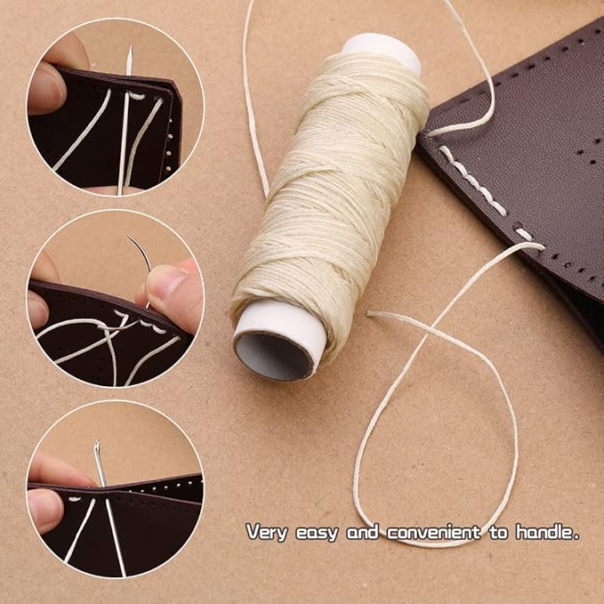 Ftyiwu Waxed Thread with Leather Hand Sewing Needles 32 Yards, 150D Flat Sewing Waxed Thread, and Leather Repair Needles for Home Upholstery Carpet Canvas Repair (Beige)