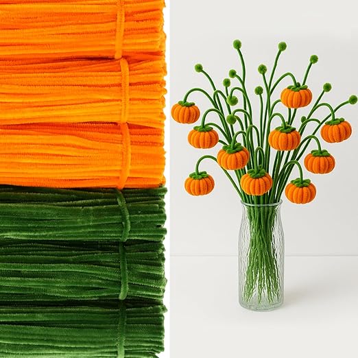DaisyInner 700 Pcs Halloween Fall Pipe Cleaners Craft Bulk Pastel Chenille Stems Flower DIY Gradient Colored Fluffy for School Classroom Thanksgiving Christmas Party Supplies(Orange,Green)