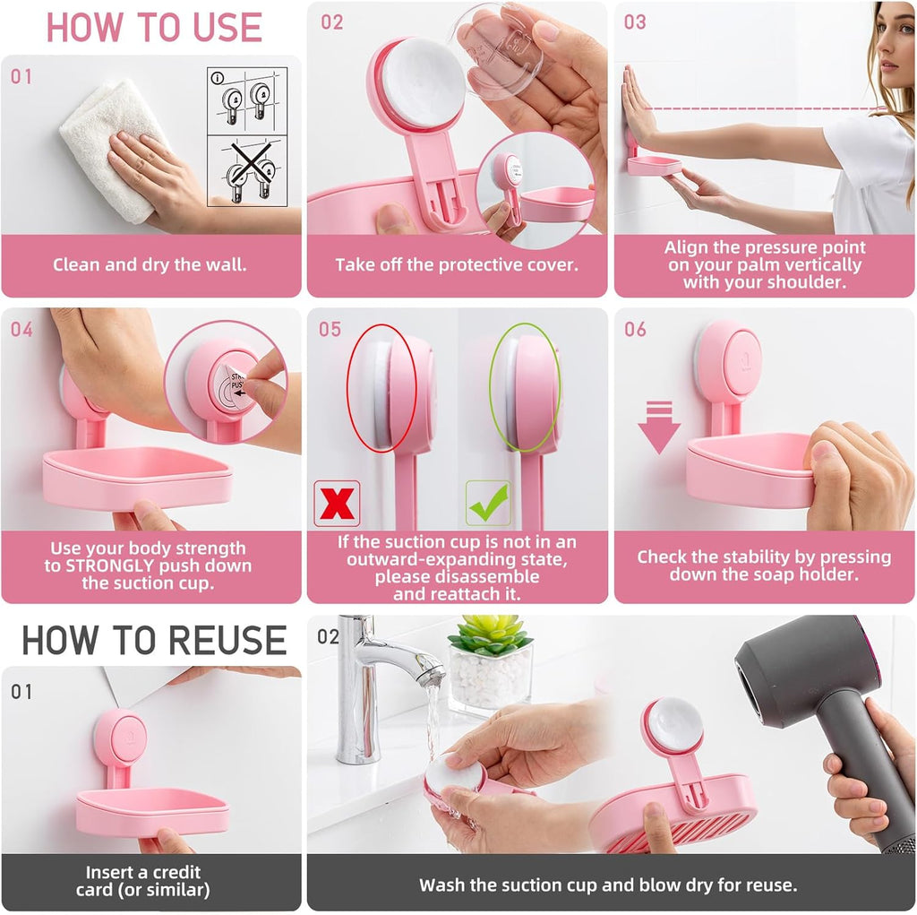 LEVERLOC Soap Dish Holder for Shower Suction Cup Wall Mounted Self Draining NO-Drilling Removable Bar Soap Sponge Holder for Bathroom Bathtub Kitchen Sink Waterproof Strong Vacuum Suction, Pink