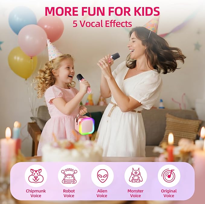 Kinglucky Mini Karaoke Machine for Kids, 2025 TOP Birthday Gifts Ideas for 3-12 Year Old Girls, Christmas Party Gifts Kids' Personal Video Players Accessories with 2 Wireless Microphones - Pink