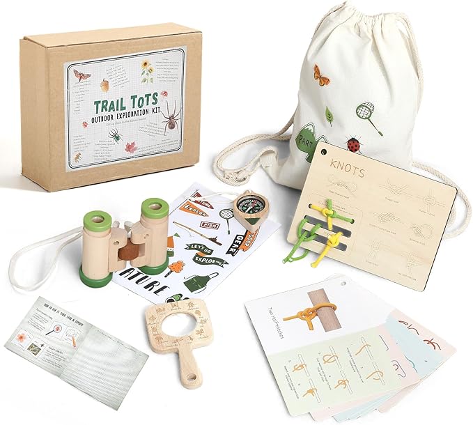WOODEN TEETHER Kids Explorer & Adventure Kit for Ages 4–8, Wooden Knot Board (7 Step Cards) & Scrapbook, with Binoculars, Compass & Magnifying Glass, STEM Nature Exploration Toy