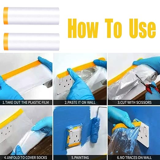 Painters Plastic with Tape, Pre-Taped Masking Film, Automotive Best Tape and Drape, Paint Adhesive Protective Film Roll for Covering Skirting, Frames, Cars and Auto Body (5 X 65-Feet) (1)