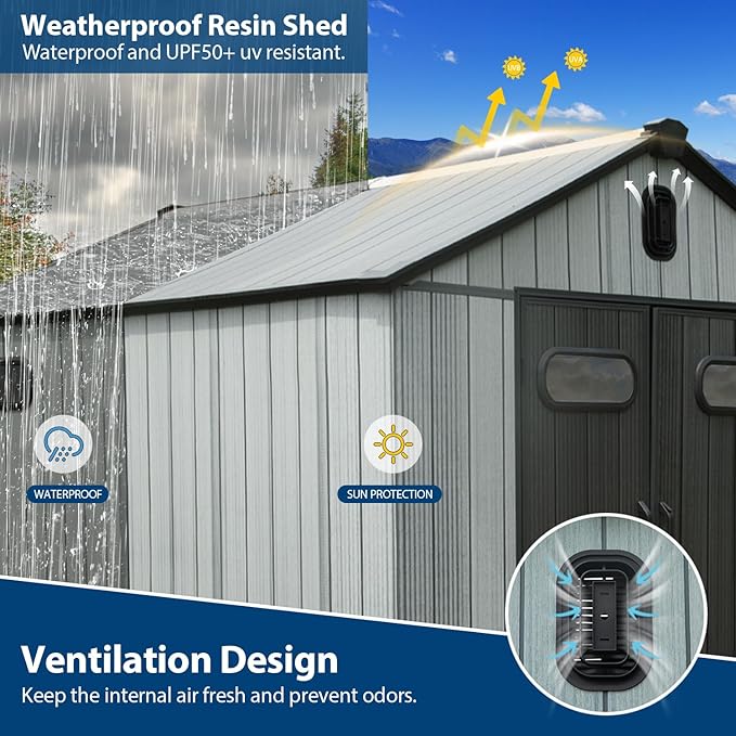 Domi 8×10ft Outdoor Resin Storage Shed - 482+ Cubic Ft Weatherproof Double-Wall Yard Shed with Skylight, Lockable Door and Carpet, Heavy-Duty Steel Frame Storage Building for Lawn Mower, Bike, Tools