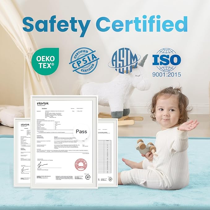 1.3" Thick Baby Play Mat for Floor Playpen, 50x50 Foam Tummy Time Mat, Padded Support Soft Plush Nursery Rug for Infant Kids Toddler Crawling Kick Activity (Ice Blue)