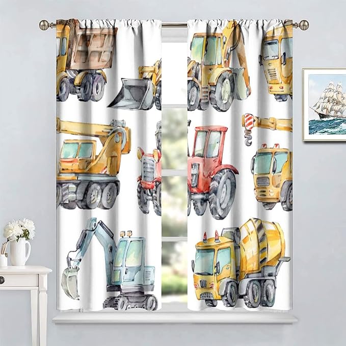 Kids Excavator Curtains, Retro Truck Tractor Machinery Construction Vehicle Crane Digger Mixer Rod Pocket Decorative Windows Curtain for Teens Girls Boys Room 55x63in (30% Blackout)