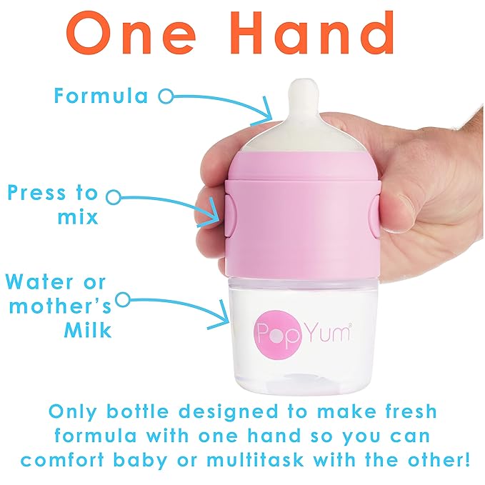 PopYum Pink Formula Making Baby Bottle Starter Set, 4-Pack, 2X 5oz Bottles with #1 Slow Flow Nipples + 2X 9oz Bottles with #2 Medium Flow Nipples, Mixing, Dispenser