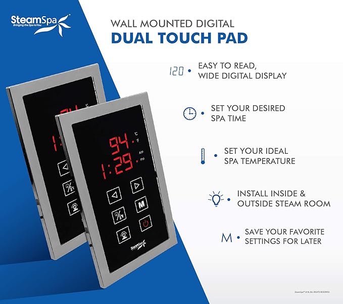 SteamSpa Executive 7.5 KW QuickStart ACU-Steam Bath Generator Package with Built-in Auto Drain in Brushed Nickel | Steam Generator Kit with Dual Control Panel Steamhead 240V | EXT750BN-A