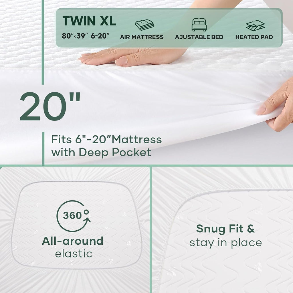 OhGeni 100% Waterproof Mattress Protector, Twin XL Size Mattress Pad, Fits 6"-20" Mattresses with Deep Pocket, Cooling, Breathable Fitted Sheets, Soft Bed Cover, Noiseless, Machine Washable