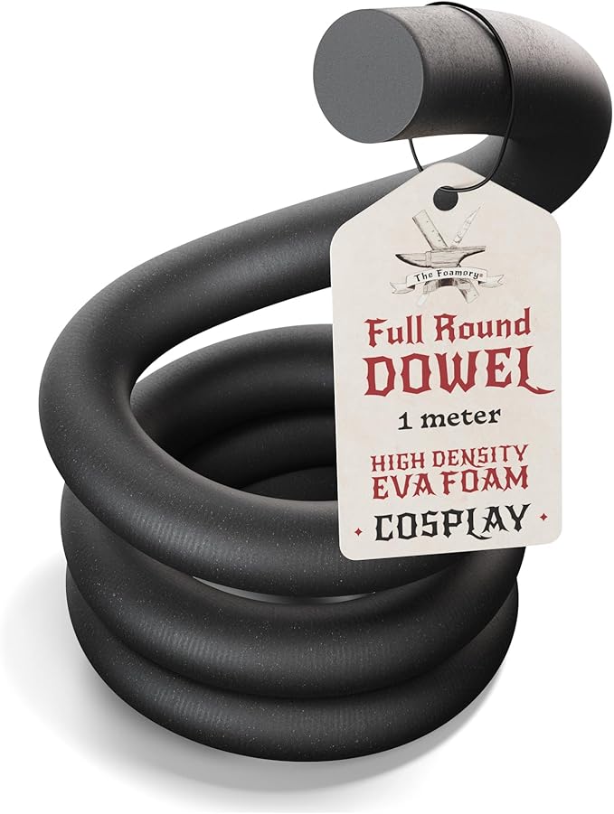 The Foamory's No Waste Full Round EVA Foam Dowel. 5-40mm x 1M High-Density Black Craft Foam Stick. Pre-Cut for Quick Cosplay Armor Trim, Weapon Enhancement and Costumes. Time Saving, Paint-Ready Bevel